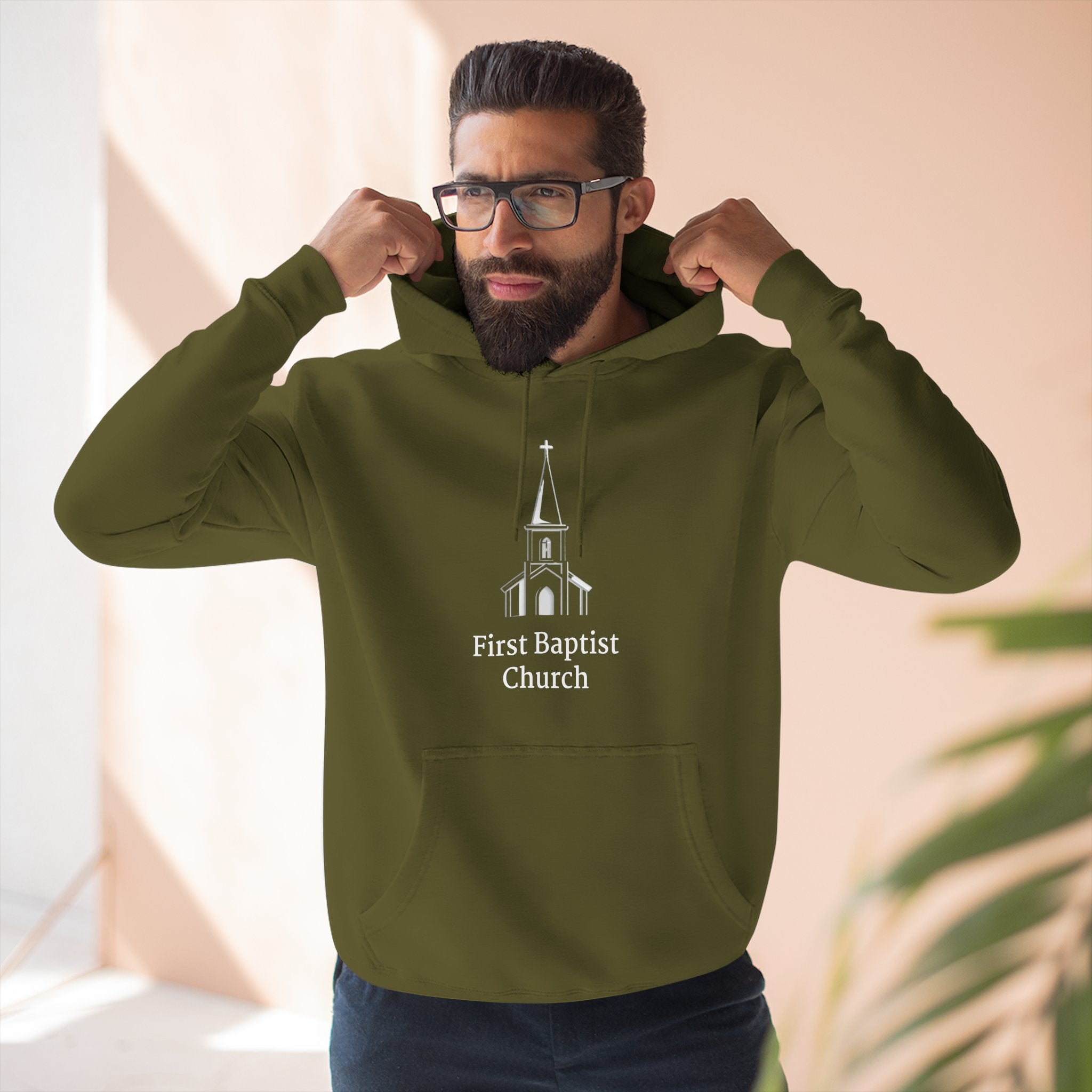 [LOGO+TEXT] Three-Panel Fleece Church Hoodie